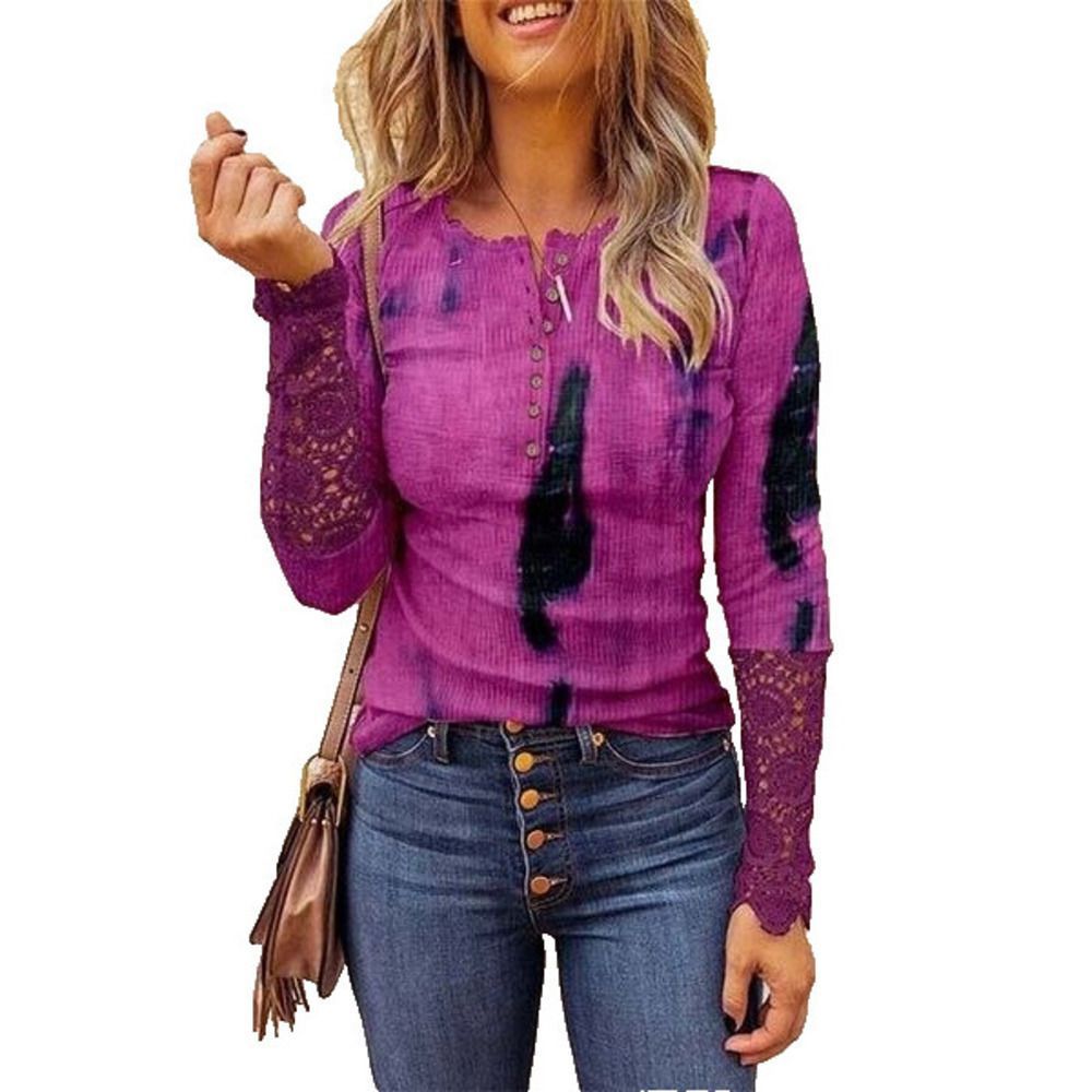 NXH Purple & Black Tie Dye Lace Patchwork Half Button Top Size S